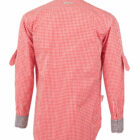 Back view of a red and white checkered long-sleeve shirt with roll-up sleeves.