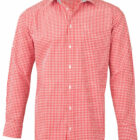 Red and white checkered long-sleeve button-up shirt with a collar.