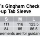 Size chart for mens gingham check long sleeve shirt, with chest and body length in cm.