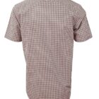 Back view of a short-sleeved brown and white checkered shirt.