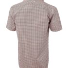 Back view of a short-sleeve, brown and white checkered shirt with collar raised.