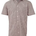 Short-sleeve, button-up shirt with a black and white checkered pattern.