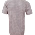 Back view of a short-sleeve, checkered shirt in brown and white.
