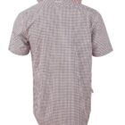 Back view of a short-sleeve, black and white checkered shirt with collar flipped up.