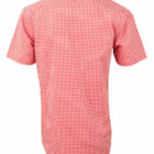 Back view of a short-sleeve red and white checkered button-up shirt.