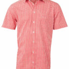 Red and white checkered short-sleeve button-up shirt on a white background.