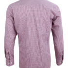 Back view of a long-sleeve, red and white checkered dress shirt with buttoned cuffs.