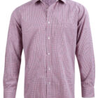 Long-sleeve button-up shirt with a small red and white checkered pattern.