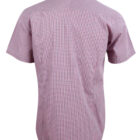 Back view of a short-sleeve, red and white checkered mens shirt.