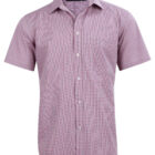 Short-sleeve, button-up shirt with a red and white small checkered pattern.