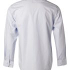 Back view of a light blue, long-sleeve button-up dress shirt with a collar.