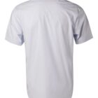 Back view of a light blue short-sleeve button-up shirt on a plain background.