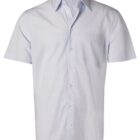 Light blue short-sleeve button-up shirt with a collar and chest pocket.