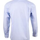 Back view of a light blue long-sleeve dress shirt with buttoned cuffs.