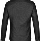Back view of a long-sleeve black dress shirt with a collar and buttoned cuffs.