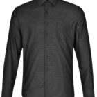 Black long-sleeve button-up shirt with a front pocket, shown on a white background.