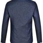 Back view of a dark blue long-sleeve button-up shirt on a white background.