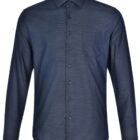 Dark blue long-sleeve button-up shirt with a collar and chest pocket, front view.