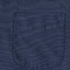 Close-up of a blue fabric with a small white dotted pattern and a square pocket stitched on.