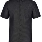 Short-sleeved black button-up shirt with a chest pocket, shown on a white background.