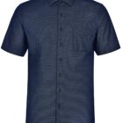 Navy blue short-sleeve button-up shirt with a chest pocket.