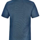 Back view of a short-sleeve, blue button-up shirt with a collar.