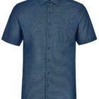 Short-sleeve blue button-up shirt with a chest pocket on a white background.