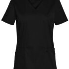 Black short-sleeve womens scrub top with V-neck and two front pockets.