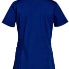 Back view of a short-sleeved, blue scrub top on a white background.