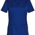 Blue short-sleeve scrub top with two front pockets, displayed on a white background.