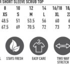 Size chart for ladies’ solid colour scrub top with features and care icons below.