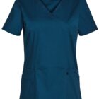 Teal short-sleeve scrub top with V-neck and two front pockets on a white background.