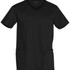 Black short-sleeve V-neck scrub top with three front pockets, displayed on a white background.