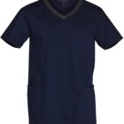 Navy blue short-sleeve scrub top with V-neck and multiple pockets.