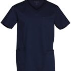Navy blue short-sleeve medical scrub top with three pockets.