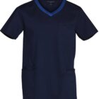Navy blue medical scrub top with short sleeves and front pockets.