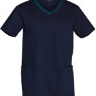 Navy blue short-sleeve scrub top with teal trim and multiple pockets, front view.