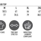 Size chart and features for mens short sleeve scrub top, including icons and measurements.