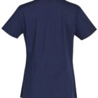 Back view of a plain navy blue short-sleeve shirt against a white background.