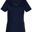 Navy blue short-sleeve womens scrub top with two front pockets.