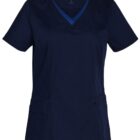 Navy blue short-sleeve scrub top with V-neck and front pockets, displayed on a white background.