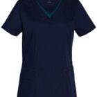Navy blue short-sleeve medical scrub top with two front pockets.