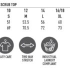 Size chart and care icons for ladies short sleeve scrub top, sizes 2XS to 5XL.