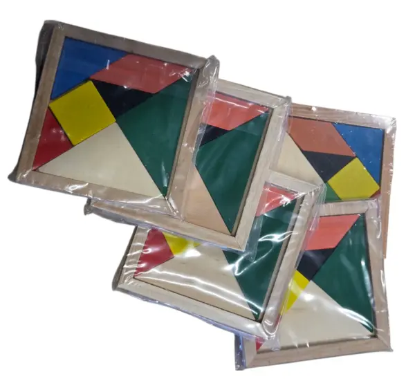 Four colorful geometric wooden puzzles in plastic wrap