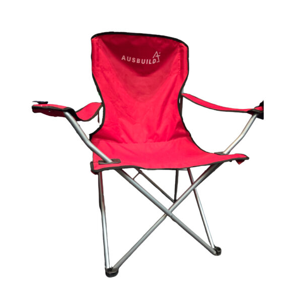 Red folding camping chair with armrests
