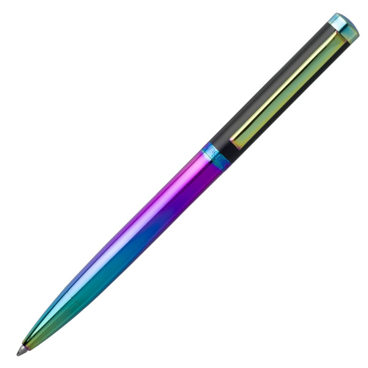 A metallic, multicolored ballpoint pen with a shiny, gradient finish.