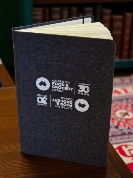 A grey notebook with the Australian Food & Grocery Council logo, ideal as a personalised compendium.