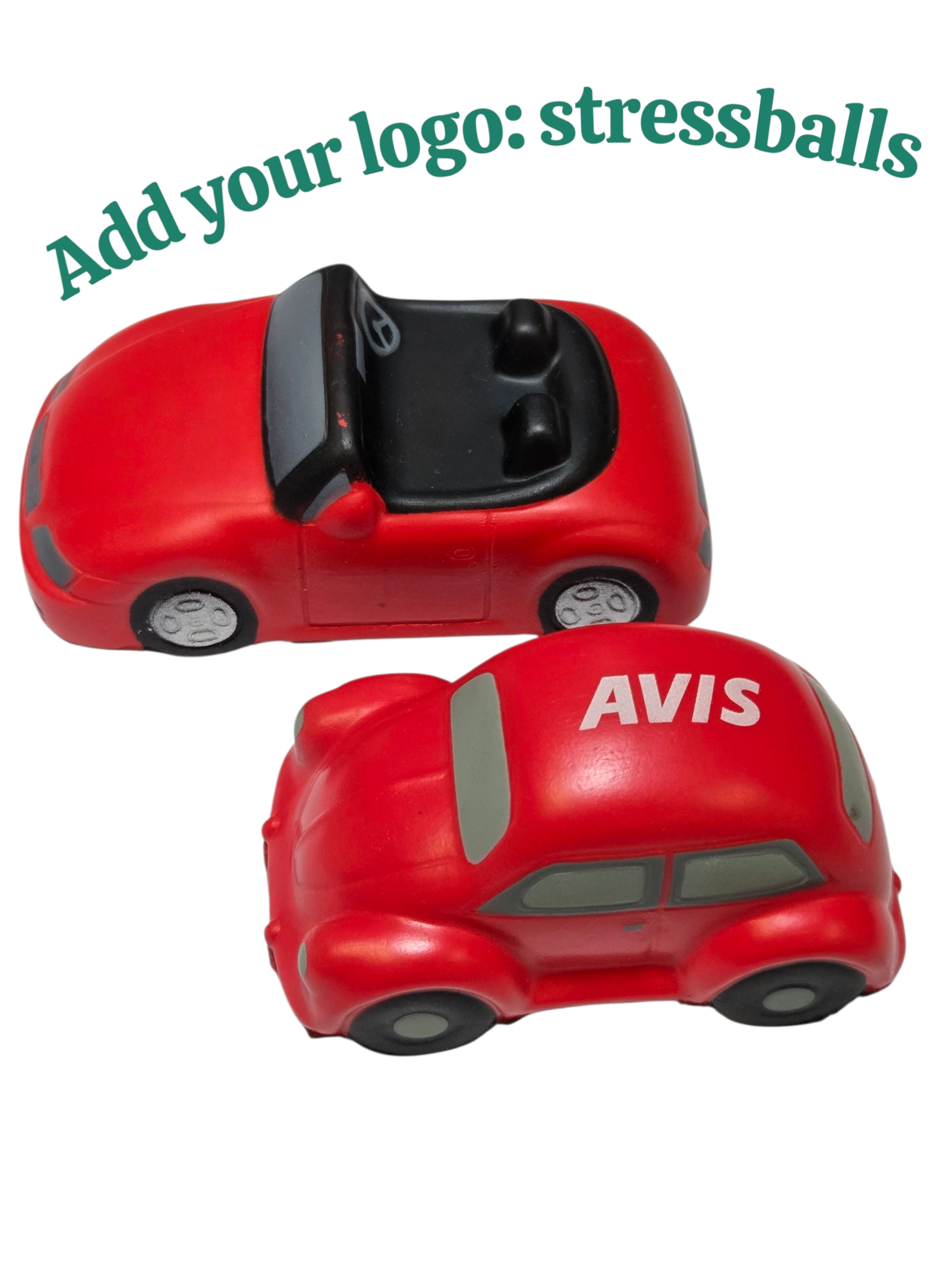 Two red car-shaped stress balls—fun merch ideas! AVIS printed on one. Add your logo: stressballs.