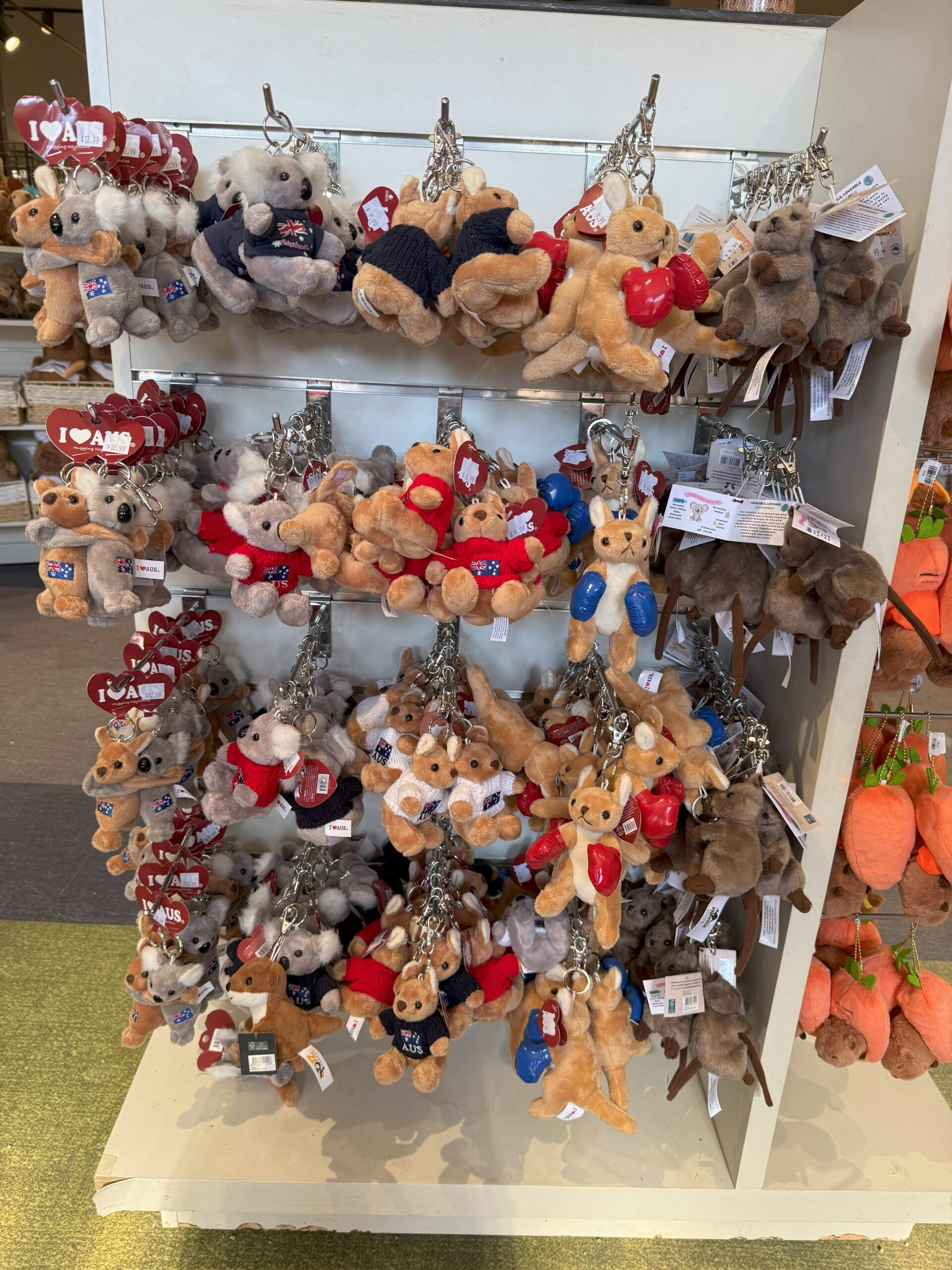 A display of plush animal keychains on hooks, perfect as zoo merchandise for experience.