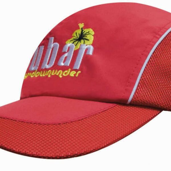 Spring Woven Fabric Cap with mesh side panels, Cobar logo, and yellow flower detail.